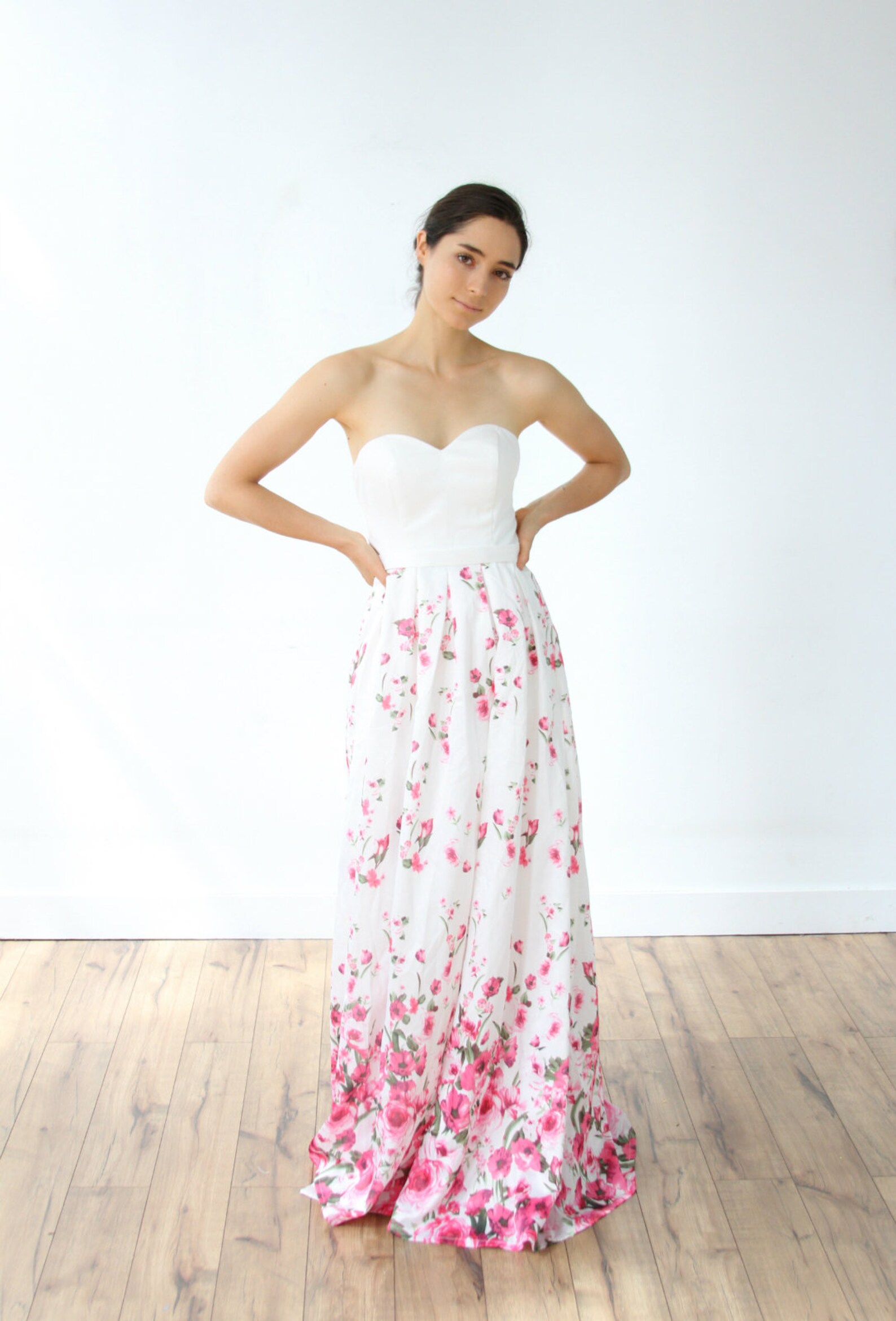 Strapless A Line Satin Flowers Wedding Dress