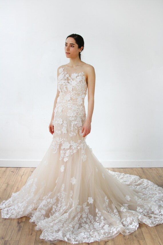 Nude Champagne 3D Floral Lace Mermaid 