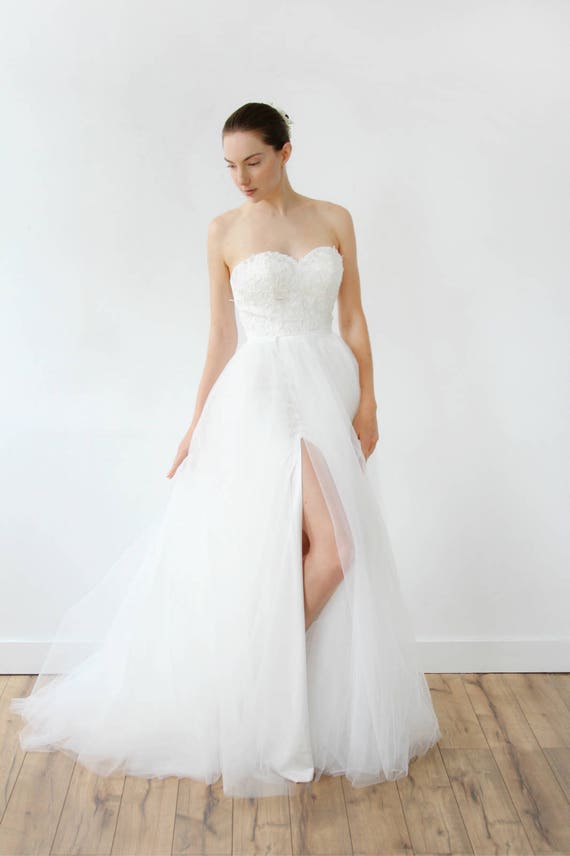 Strapless Lace Slit Mermaid With Detachable Slit Tulle Skirt Wedding Dress  
