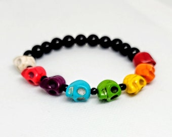 Handmade Rainbow / LGBTQIA Skull Bracelet - 8 inch Stretch