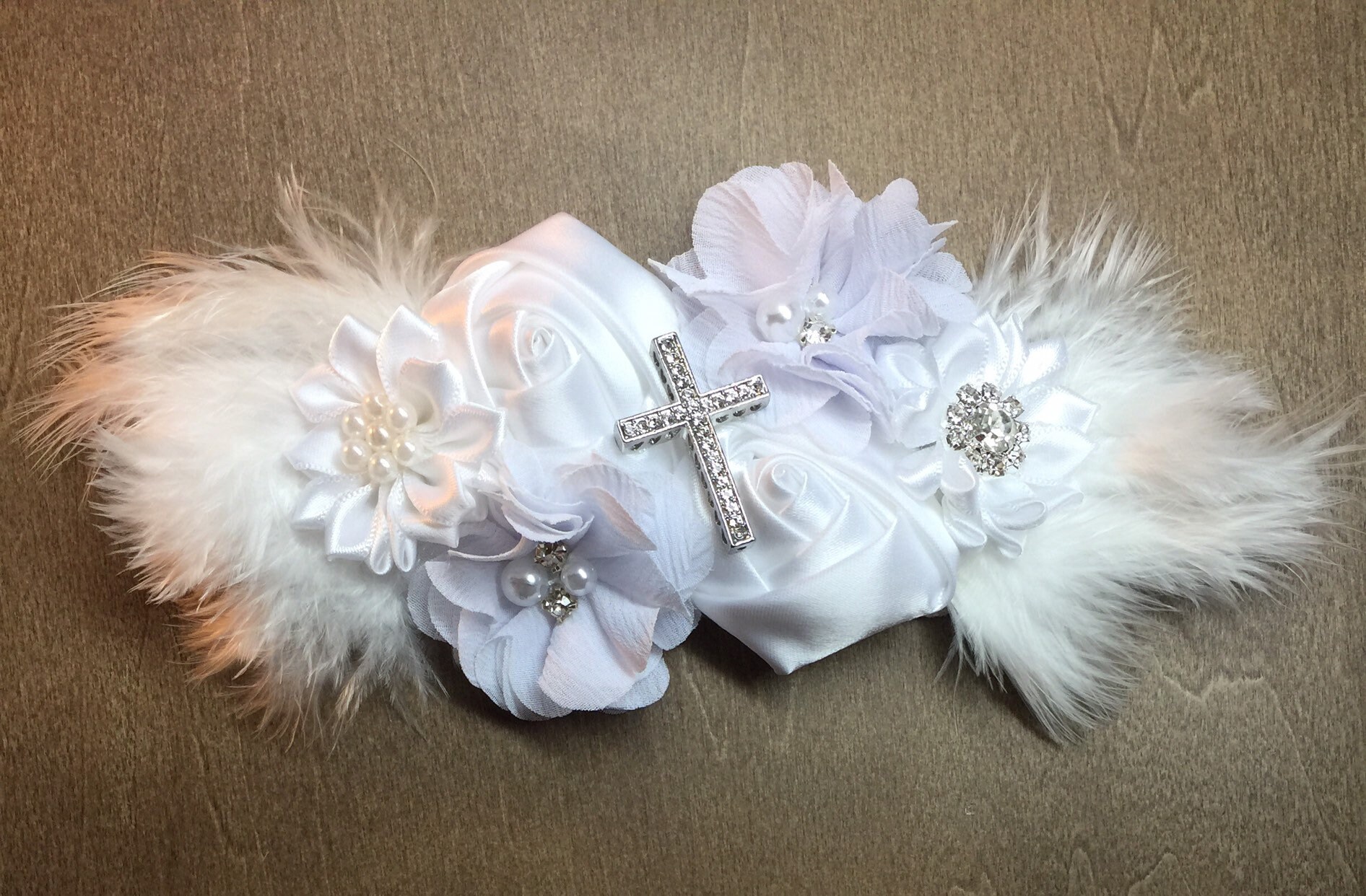 Baptism headband cross and white flowers headpiece Etsy