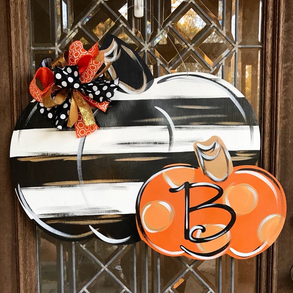 Black and white Pumpkin door sign Pumpkin door hanger Fall wreath Fall door sign Rustic painted pumpkin