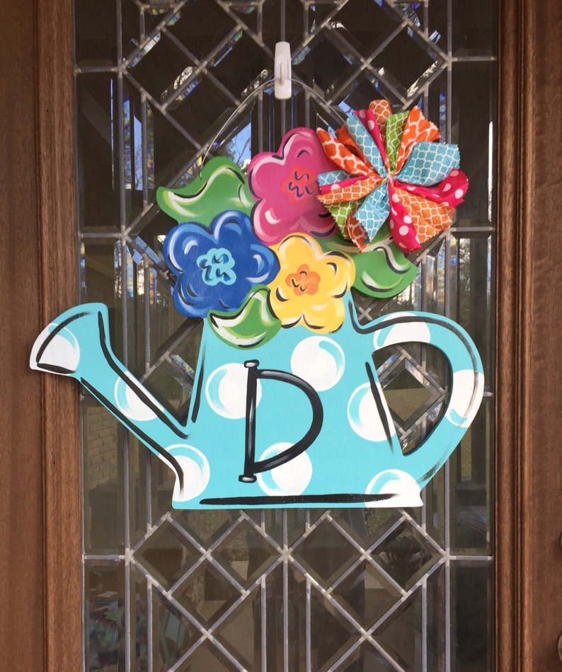 Turquoise watering can with flowers door hanger Spring door Etsy