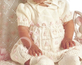 PDF Instant Digital Download baby girl shawl dress bonnet & bootees 16 to 20 inch  knitting pattern 4 ply (146)