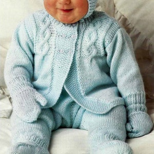 PDF Instant Digital Download baby pram set coat leggings mittens bonnet knitting pattern (820)
