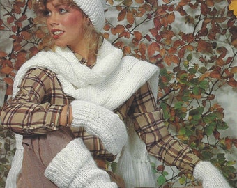 Instant PDF Digital Download ladies cap scarf mittens leg warmers chunky easy knitting pattern (2507)