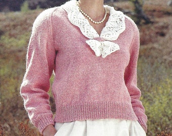 PDF Instant  Digital Download ladies easy knit sweater with knitted collar knitting pattern  30 to 40 (2258)