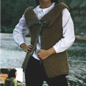 May include: A brown knitted vest with a hood and a tie closure. The vest is made with a chunky yarn and has a relaxed fit.