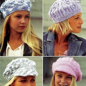 May include: Four different knitted hats in various colors and patterns. The hats are shown being worn by four different people. The hats are all in the same style, but have different colors and patterns. The hats are all made of yarn.