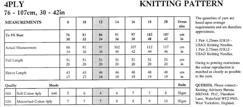May include: Knitting pattern chart for a 4-ply yarn sweater. The chart includes measurements for bust, actual measurement, full length, sleeve length, and yarn requirements in balls. The yarn is available in two shades: 646 and 026. The pattern is for sizes 8 to 20.