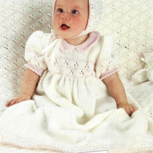 Instant PDF Digital Download baby christening dress bonnet bootees shawl knitting pattern 16/20 inch (1453)