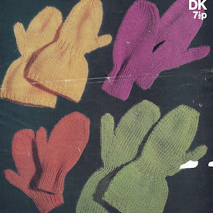 May include: Four pairs of knitted mittens in different colors: yellow, pink, orange, and green. The mittens are arranged in pairs on a dark background.  DK 7½p