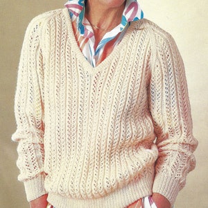 Instant PDF Digital Download ladies V neck lace rib sweater knitting pattern 34 to 46 inch (1415)