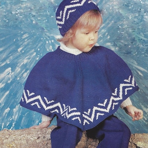 Instant PDF Digital Download baby childs easy knit poncho sweater cap knitting pattern double knit 20/21 inch (1953)