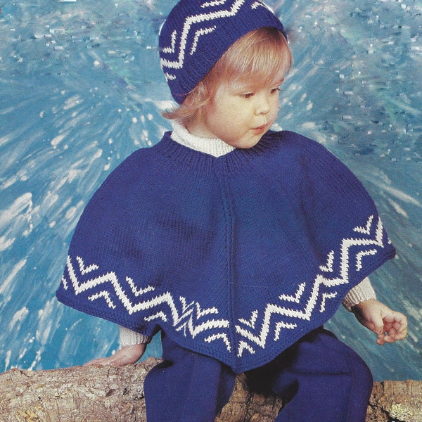 Instant PDF Digital Download baby childs easy knit poncho sweater cap knitting pattern double knit 20/21 inch (1953)