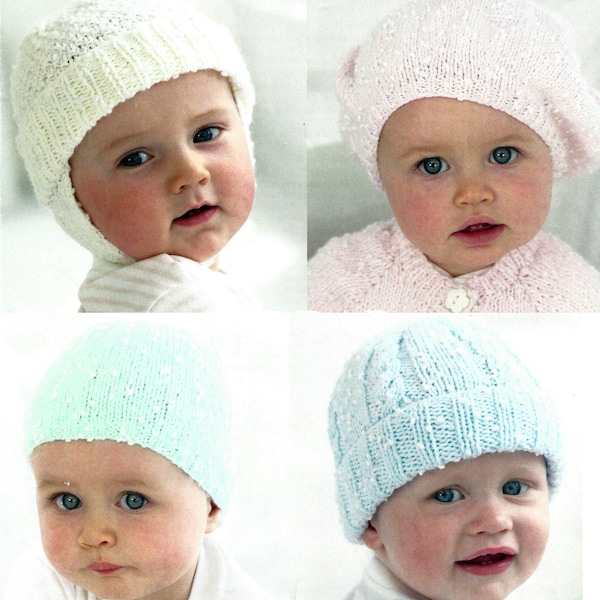 Instant PDF Digital Download baby 4 easy knit hats double knitting pattern 0 to 7 years (1993)