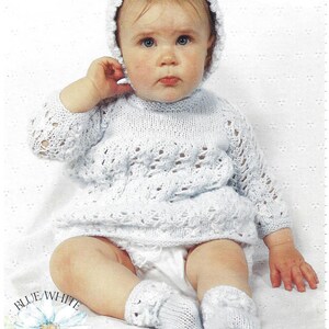 Instant PDF Digital Download baby dress bonnet & bootees knitting pattern 18 to 21 inch (2148)