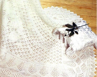 May include: A white crocheted baby blanket with a delicate lace pattern. The blanket is laid out on a wooden floor.