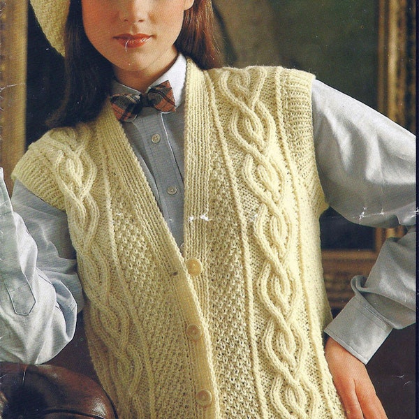 PDF Instant Digital Download ladies aran waistcoat beret knitting pattern 32/36 inch (1225)
