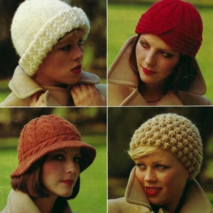 May include: Four women wearing different knitted hats. The hats are in various colors and styles, including a white beanie, a red cloche hat, a brown cloche hat, and a beige beanie.