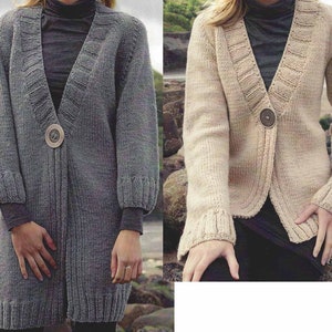 May include: Two knitted cardigans with a V-neck and a single button closure. The cardigan on the left is gray and the cardigan on the right is beige.