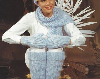 PDF Instant Digital Download ladies easy knit cap scarf mittens leg warmers knitting pattern (85)