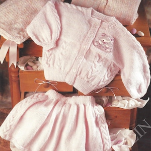 PDF Instant Digital Download baby cardigan & skirt knitting pattern 16 to 22 inch chest birth to 12 months   (179)