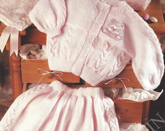 PDF Instant Digital Download baby cardigan & skirt knitting pattern 16 to 22 inch chest birth to 12 months   (179)