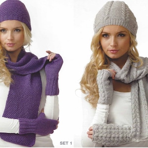 May include: Two sets of knitted winter accessories. The first set is purple and includes a hat, scarf, and fingerless gloves. The second set is gray and includes a hat, scarf, and fingerless gloves.  SET 1