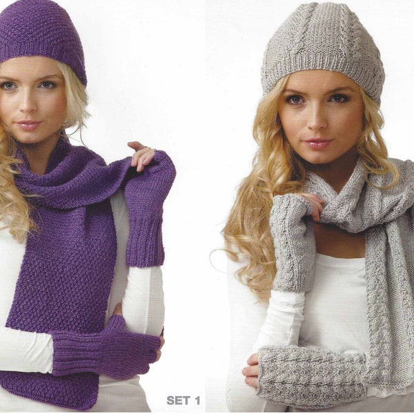 Instant PDF Digital Download ladies hat scarves gloves knitting pattern double knit (2503)