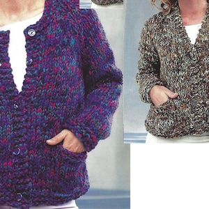 PDF Instant Digital Download ladies girls super chunky V & round neck jackets knitting pattern 32 to 42 inch (1905)