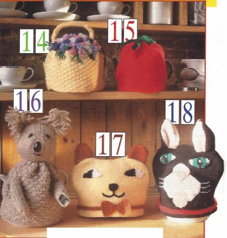 tomato,koala cat PDF Instant Digital Download 5 tea cosies knitting pattern posy 2393 bear