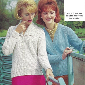 May include: Two women wearing knitted cardigans. The woman on the left is wearing a white cardigan with a speckled pattern and a pink skirt. The woman on the right is wearing a light blue cardigan with a white polka dot scarf. The text on the image reads "3 PLY, 4 PLY and DOUBLE KNITTING. Bust 30-42 ins."