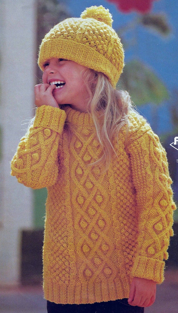 Instant PDF Digital Download childs Aran sweater hat knitting pattern 24  to 30 inch (2620)