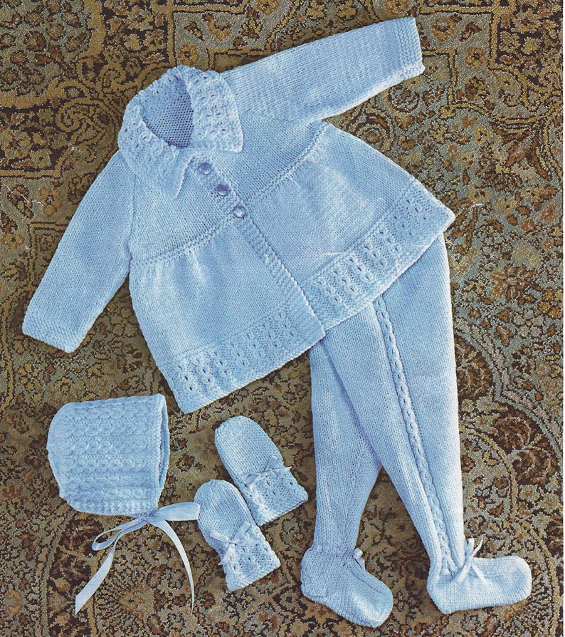 PDF Instant Digital Download baby pram set coat leggings bonnet mitts knitting pattern 1153