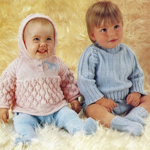 Instant PDF Digital Download baby sweater with hood & romper suit socks knitting pattern 18/24 inch (1427)