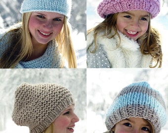 May include: Four different knitted hats in various colours, including light blue, pink, beige, and grey with blue stripes. The hats are worn by people of different ages, showcasing the versatility of these knit designs.