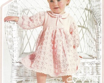 PDF Instant  Digital Download baby girls dress knitting pattern 18 to 22 inch chest 4 ply  (250)