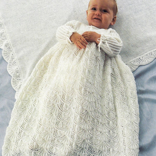 Instant PDF Digital Download baby 3 ply christening set dress & shawl knitting pattern (1255)