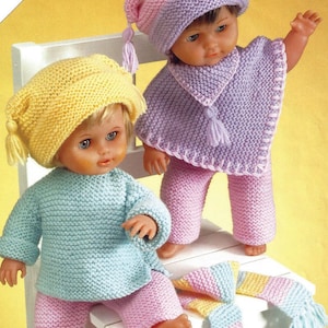 PDF Instant Digital Download dolls clothes knitting pattern 12 to 22 inch poncho trousers hat scarf sweater (2128)