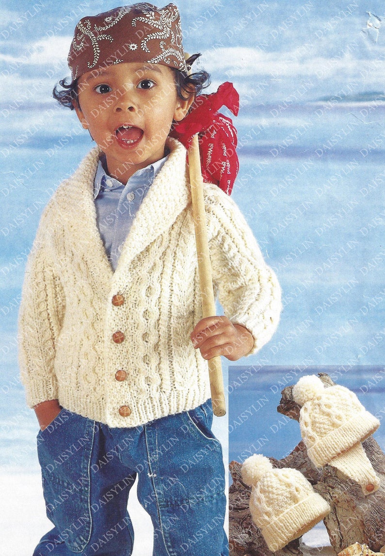 PDF Instant Digital Download boy girls aran jacket & hats knitting pattern 18/24 inch 397 image 1