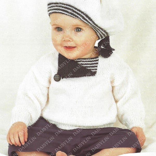 PDF Instant Digital Download baby childs sailor sweater & beret knitting pattern 18/26 inch (401)
