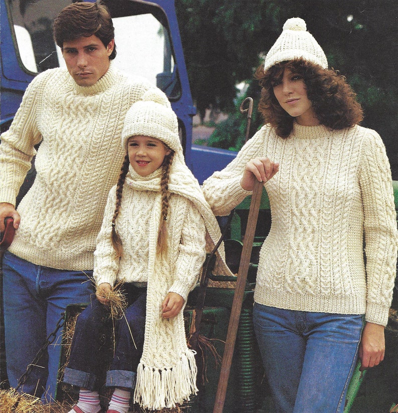 Instant PDF Digital Download family aran sweater hat scarf knitting pattern 24 to 46 inch 1306