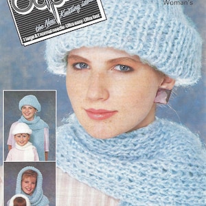 May include: A blue knitted hat and scarf set. The hat is a slouchy beanie style. The scarf is a long, rectangular shape. The set is available in sizes for children and adults. The text on the image reads "Odpins the New Knitting idea 1 large & 1 normal needle-Ultra easy-Ultra fast DIANA BRUSHED CHUNKY Sizes: 6-8 years 9-12 years Woman's"