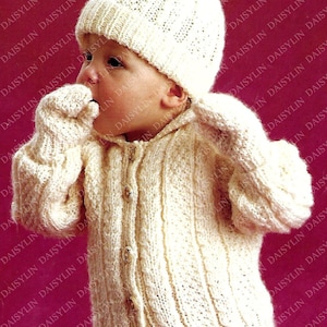 PDF Instant Digital Download baby aran jacket hat & mittens knitting pattern 20/24 inch   (415)