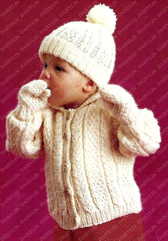 mittens all in one jacket baby PDF Instant Digital Download baby aran jacket hat mittens knitting  pattern 20/24 inch (415)