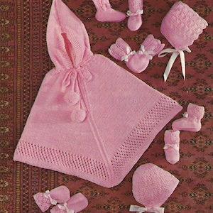 PDF Instant Digital Download baby poncho with hood & 2 sets bonnet bootees mitts knitting pattern  0 to 6 months (504)