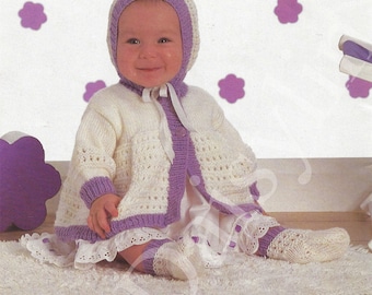 PDF Instant Digital Download cardigan matinee jacket bonnet & socks knitting pattern 8 ply (double knit) 16 to 22 inches (106)