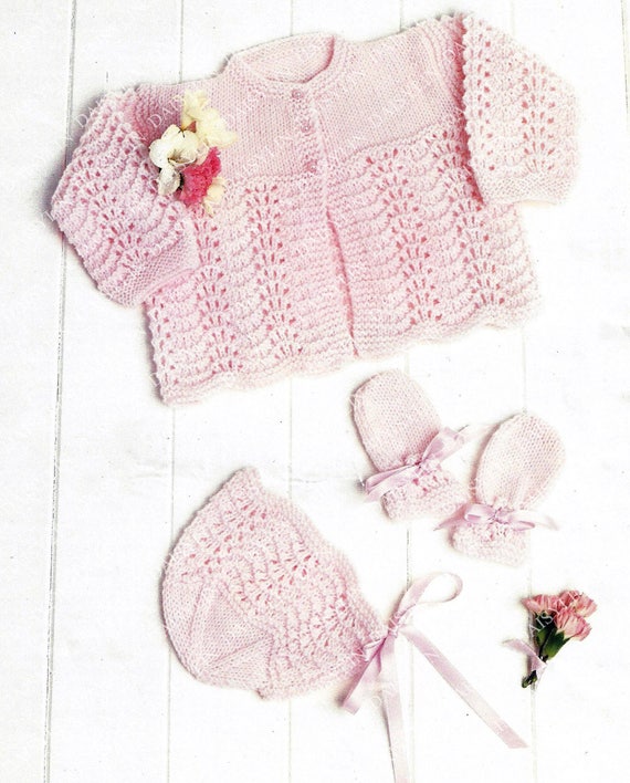 Instant PDF Digital Download baby premature doll matinee coat bonnet mitts  knitting pattern 12/20 inch (291)