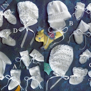 May include: A collection of white crocheted baby hats and booties. The hats are in various styles, including a bonnet, a beanie, and a pixie hat. The booties are in a variety of styles, including a slipper, a bootie, and a sock.